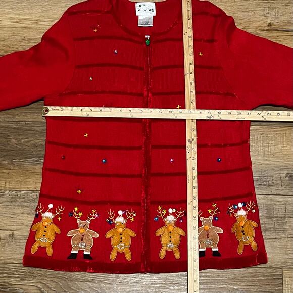 Quacker Factory 1X Christmas Knit Red Cardigan Sweater Full Zip Reindeer Beaded - Picture 7 of 7
